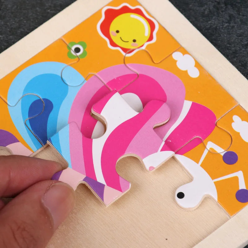 Wooden tangram puzzle pieces forming a pink number 2 design in frame