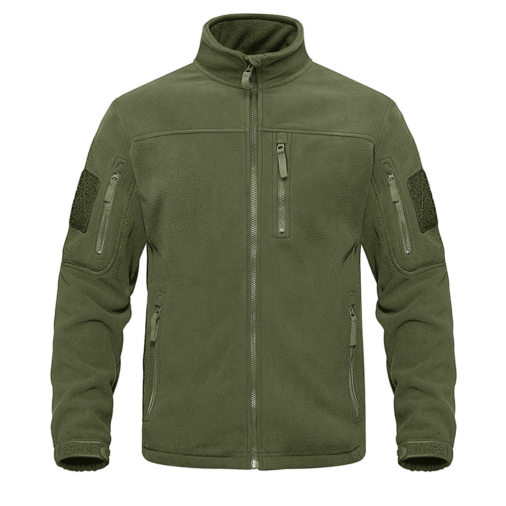 Green full-zip fleece jacket with stand collar and chest zipper pocket