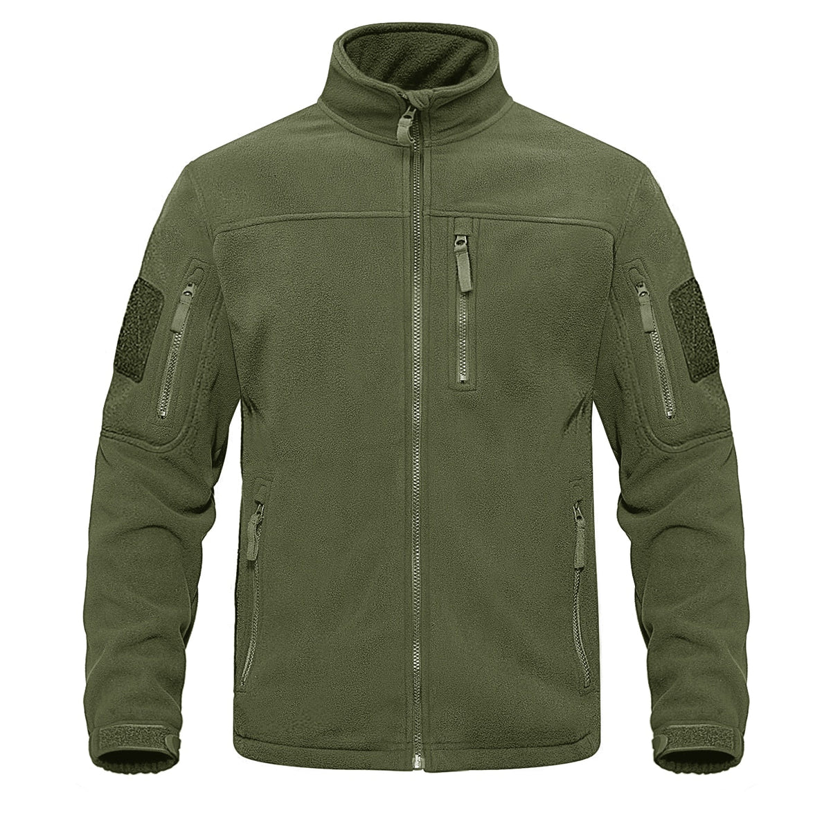 Green full-zip fleece jacket with stand collar and chest zipper pocket