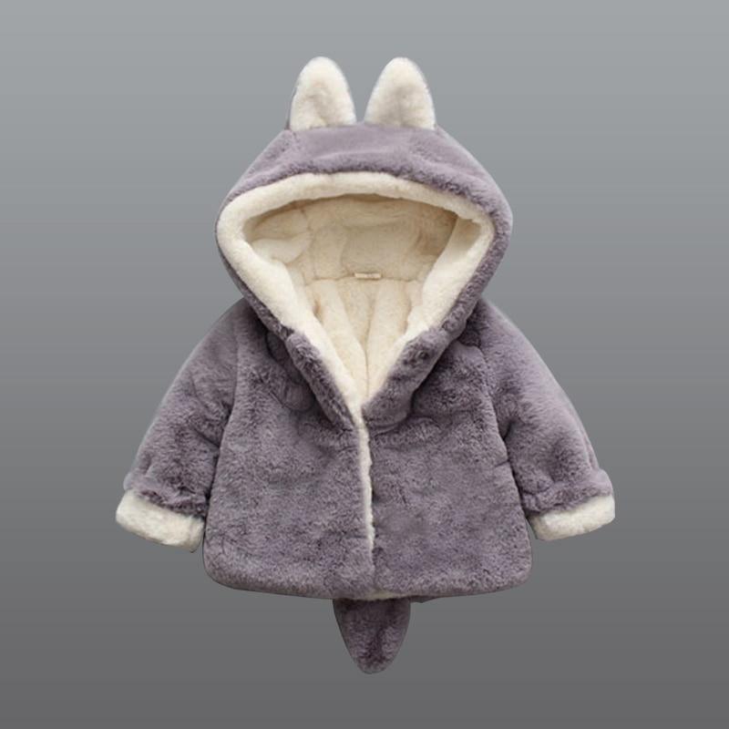 Gray plush hooded rabbit jacket with long-ear hood and front closure