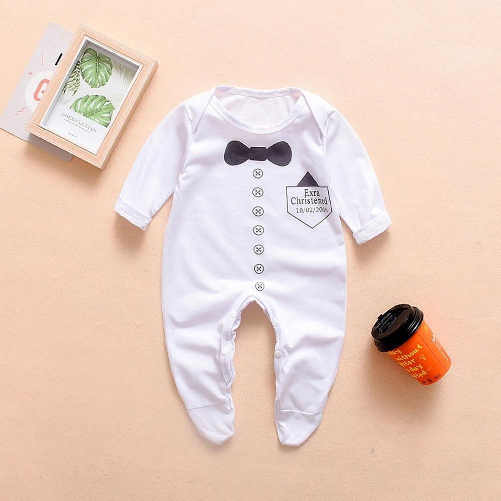 Newborn cotton romper, white with long sleeves and black mouse graphic on chest