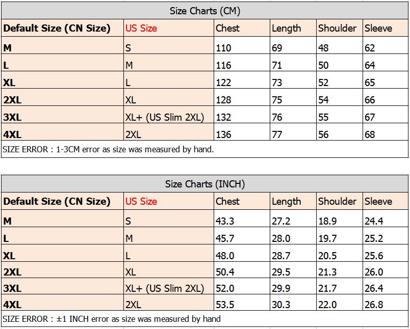 Size chart table for fleece jacket in CM and IN