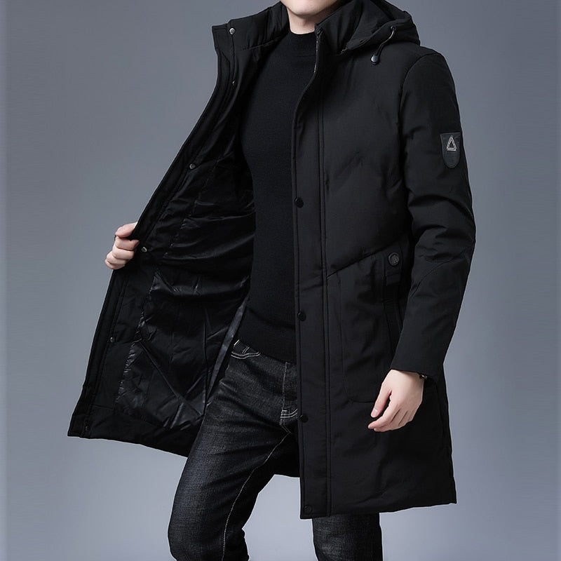 Men's longline parka windbreaker, black, hooded with button front and pockets