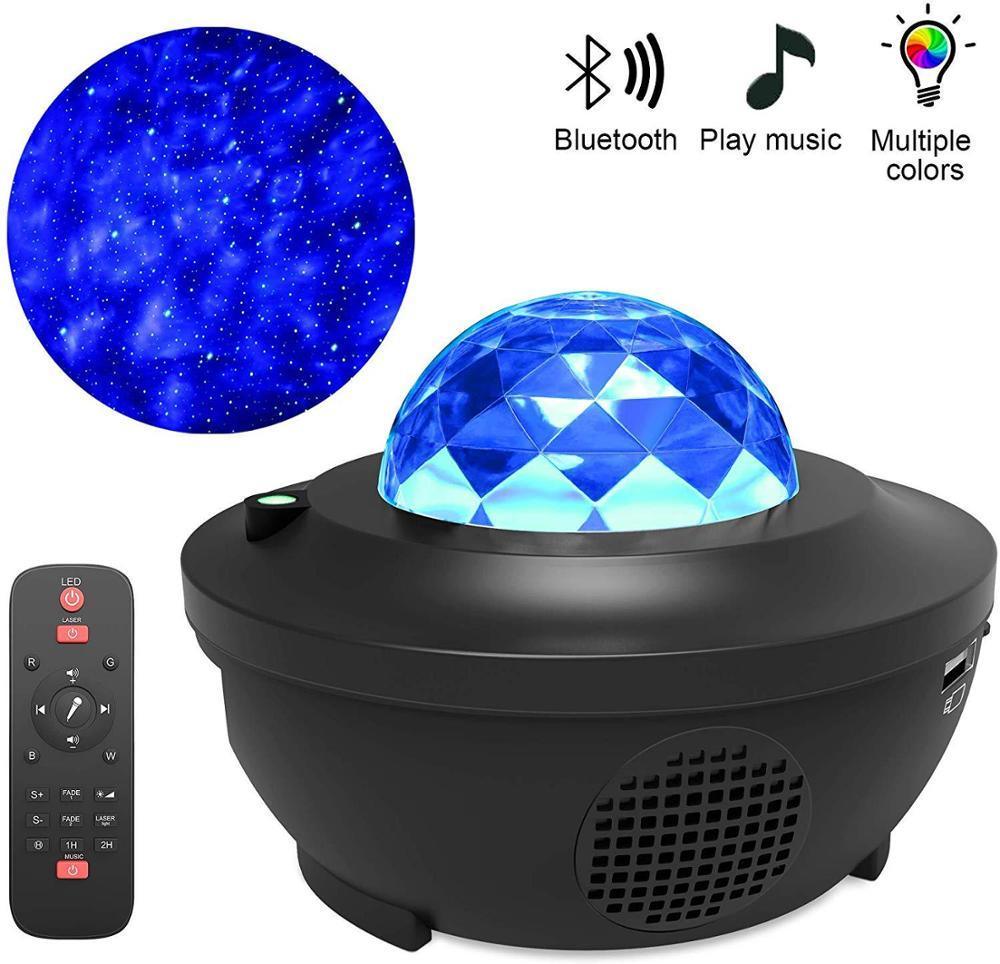 Black dome LED Bluetooth speaker projector with blue light, remote control shown