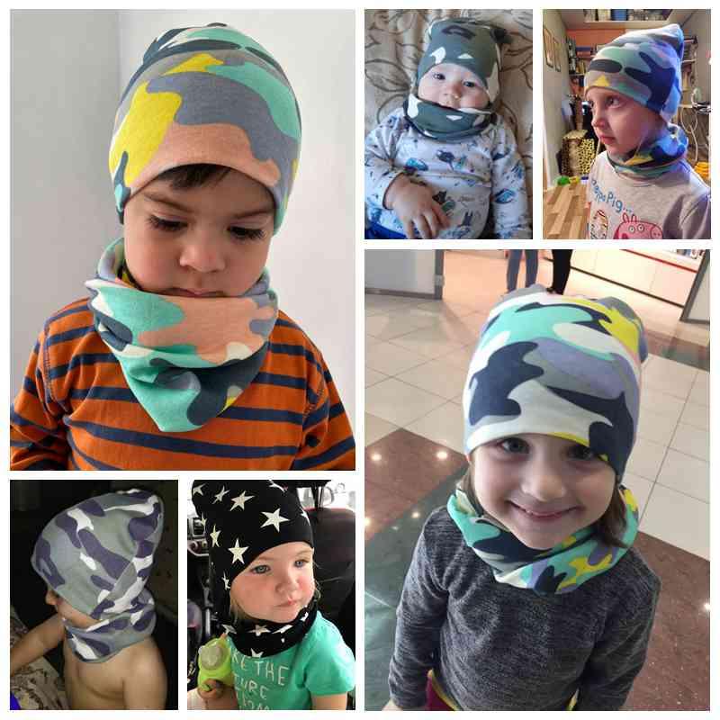 Baby camo beanie and matching scarf collar, multicolor printed cotton set
