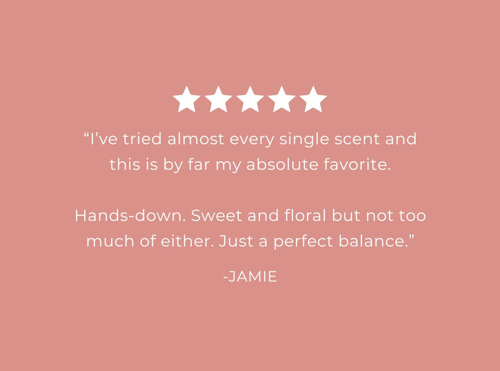 Customer review card with five stars and a Jamie quote for the spray