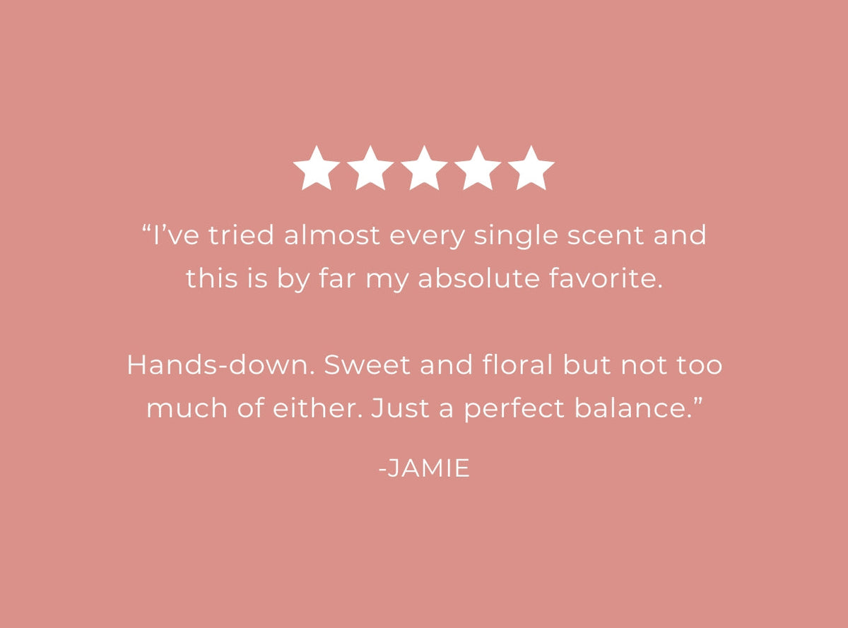 Customer review card with five stars and a Jamie quote for the spray