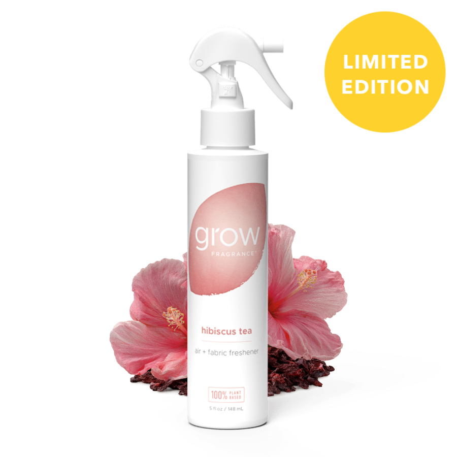 Hibiscus tea air and fabric spray bottle with white trigger sprayer, pink label