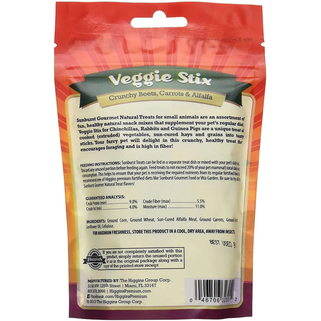 Natural veggie stix treat pouch for small animals, back panel with feeding directions