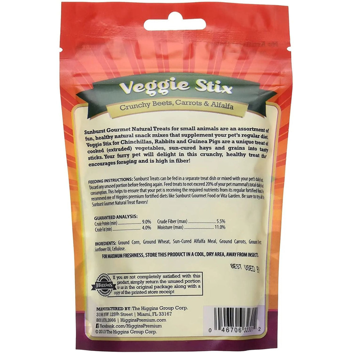 Natural veggie stix treat pouch for small animals, back panel with feeding directions