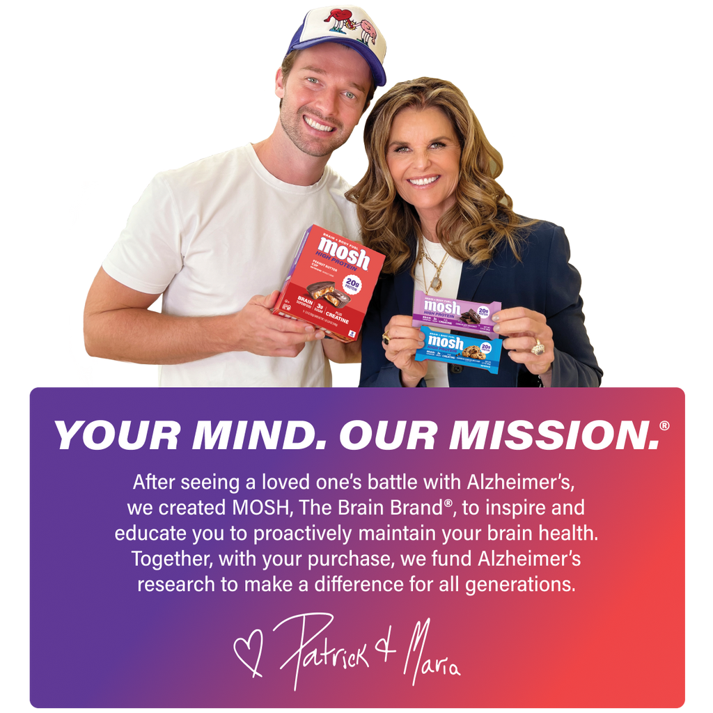 Couple holding Mosh high-protein bars with mission text banner underneath