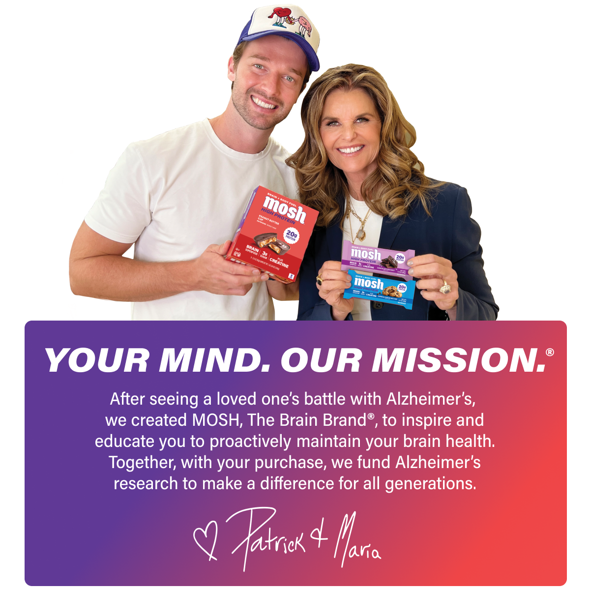Couple holding Mosh high-protein bars with mission text banner underneath