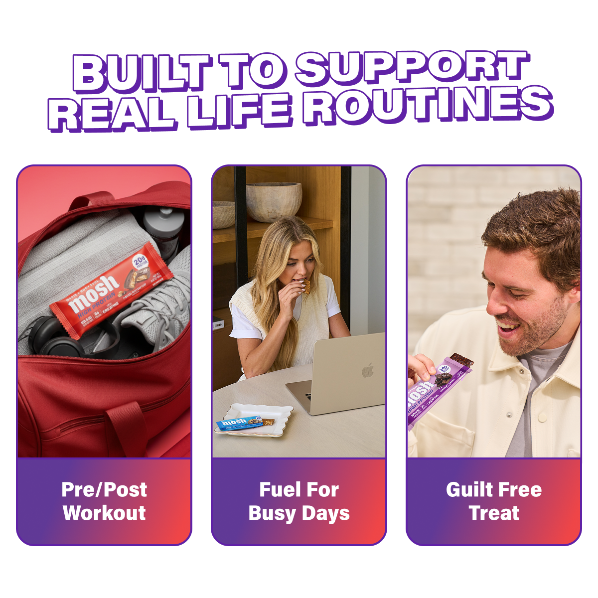 High-protein bars for routines with pre/post workout and fuel-for-busy-days icons