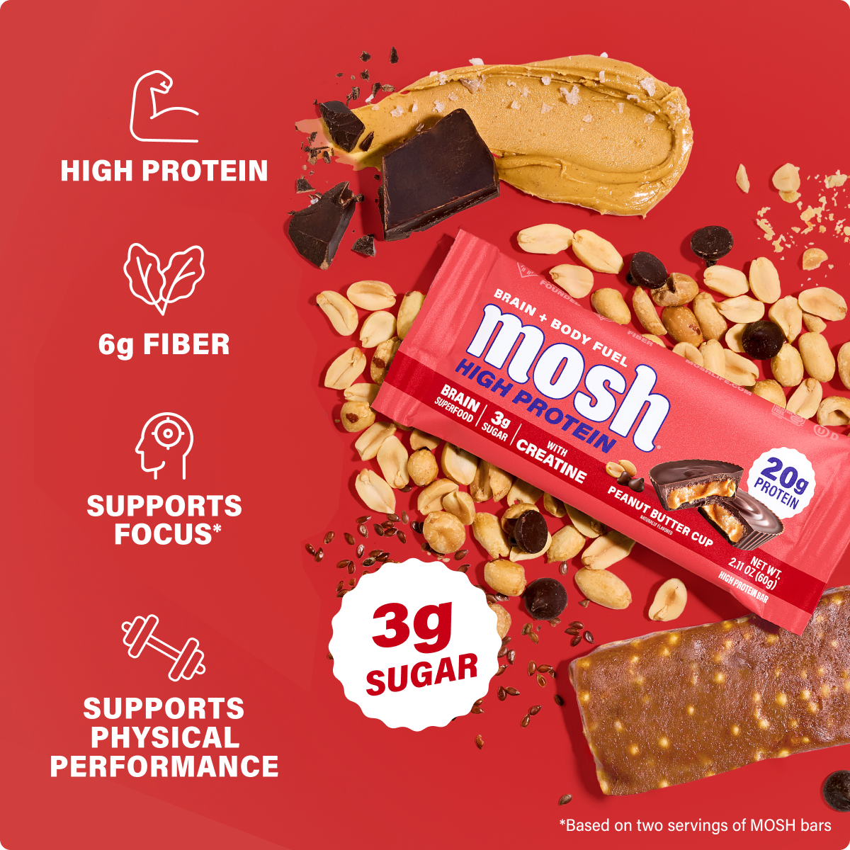 Peanut butter cup high-protein bar with peanut and chocolate pieces on red background