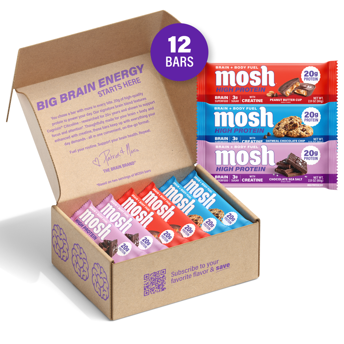 High Protein Variety Pack cardboard box with 12 Mosh high-protein bars, assorted flavors
