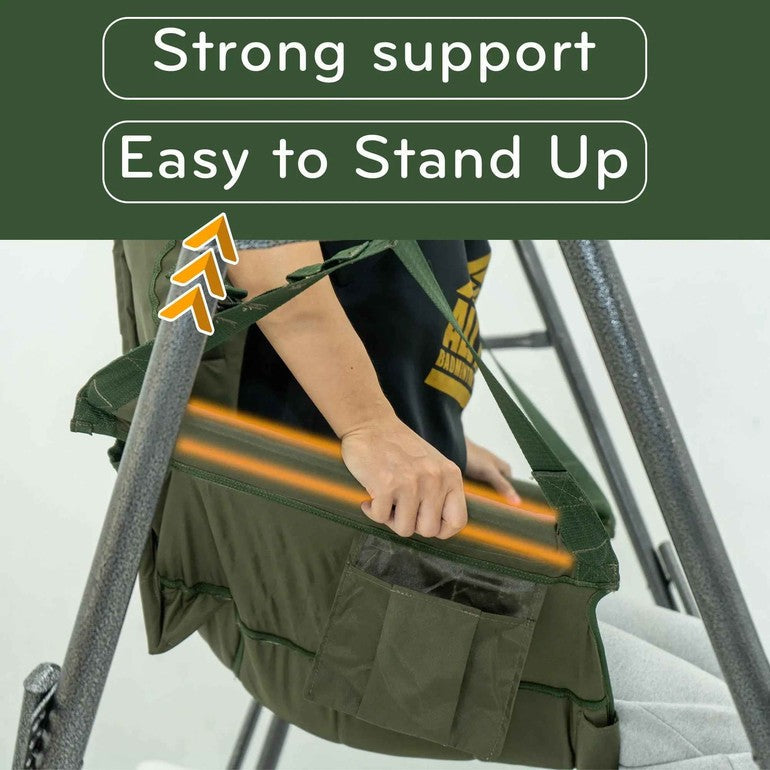 Green hammock chair with side storage pocket on sturdy metal stand