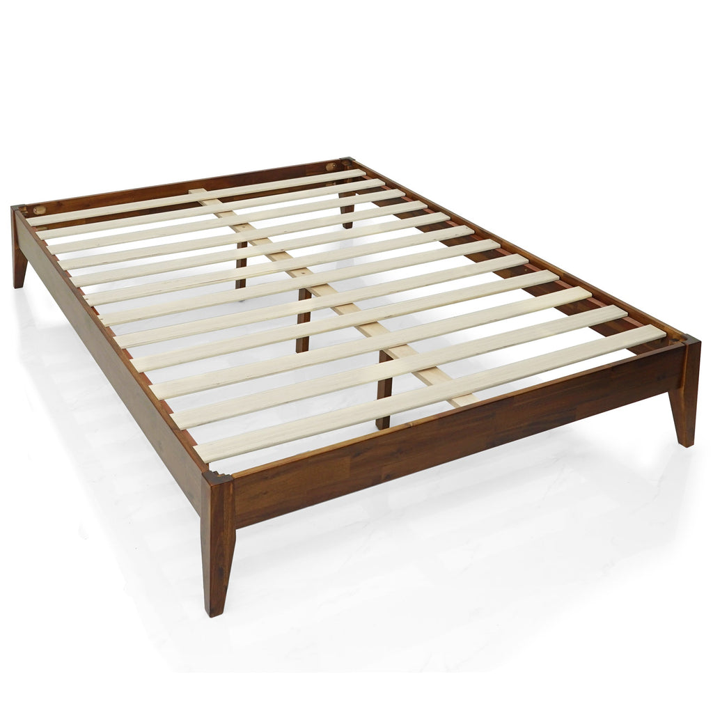 Solid wood bed frame with dark wood rails and light slat support