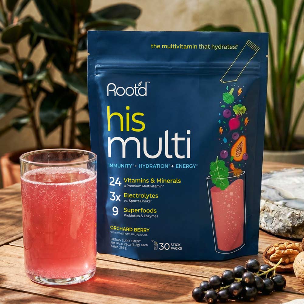 Root'd His Multi Orchard Berry pouch with a glass of pink drink and berries