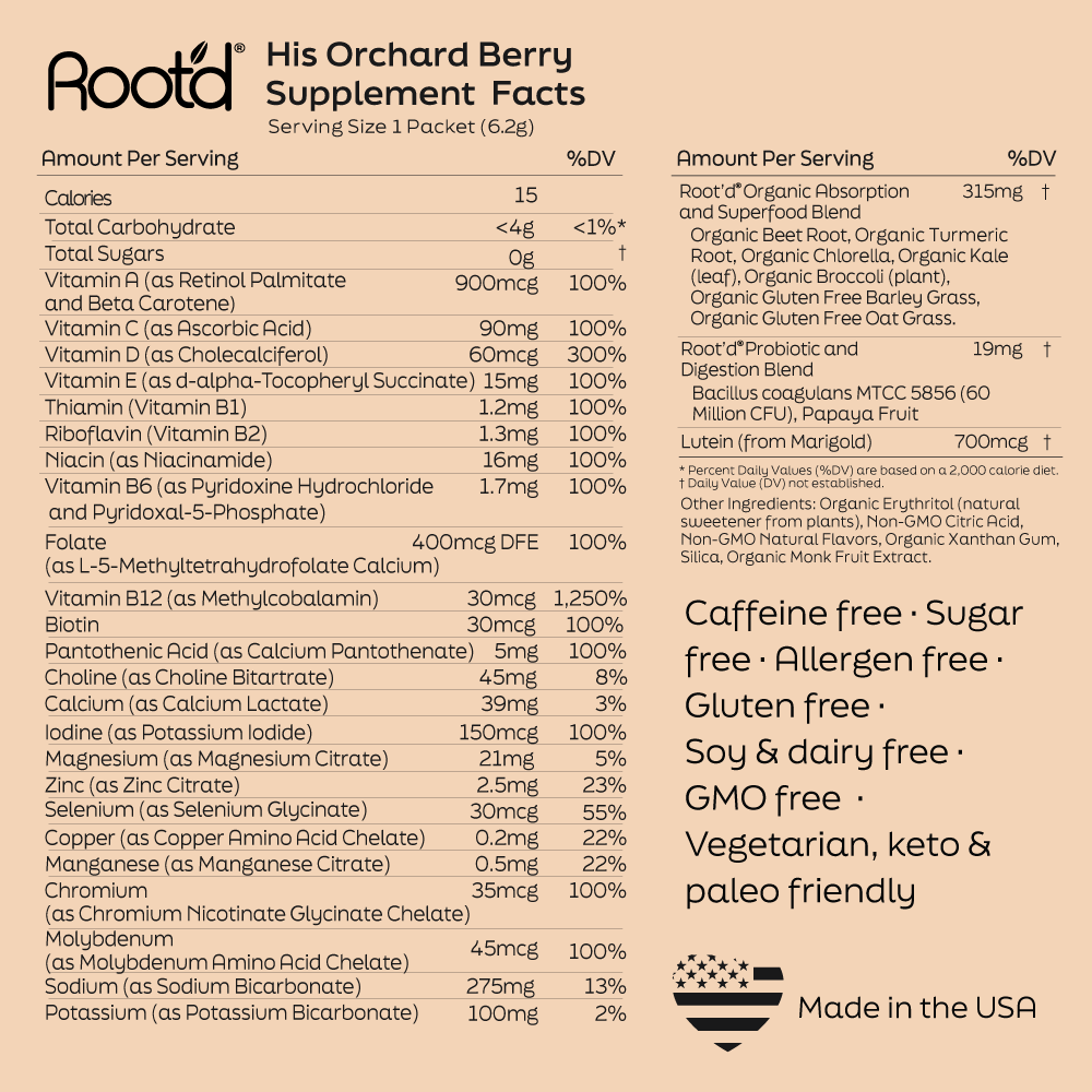 Supplement facts panel for His Orchard Berry, with serving size and ingredients list