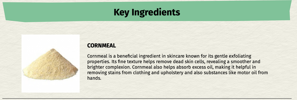 Key ingredients panel for hand soap featuring cornmeal