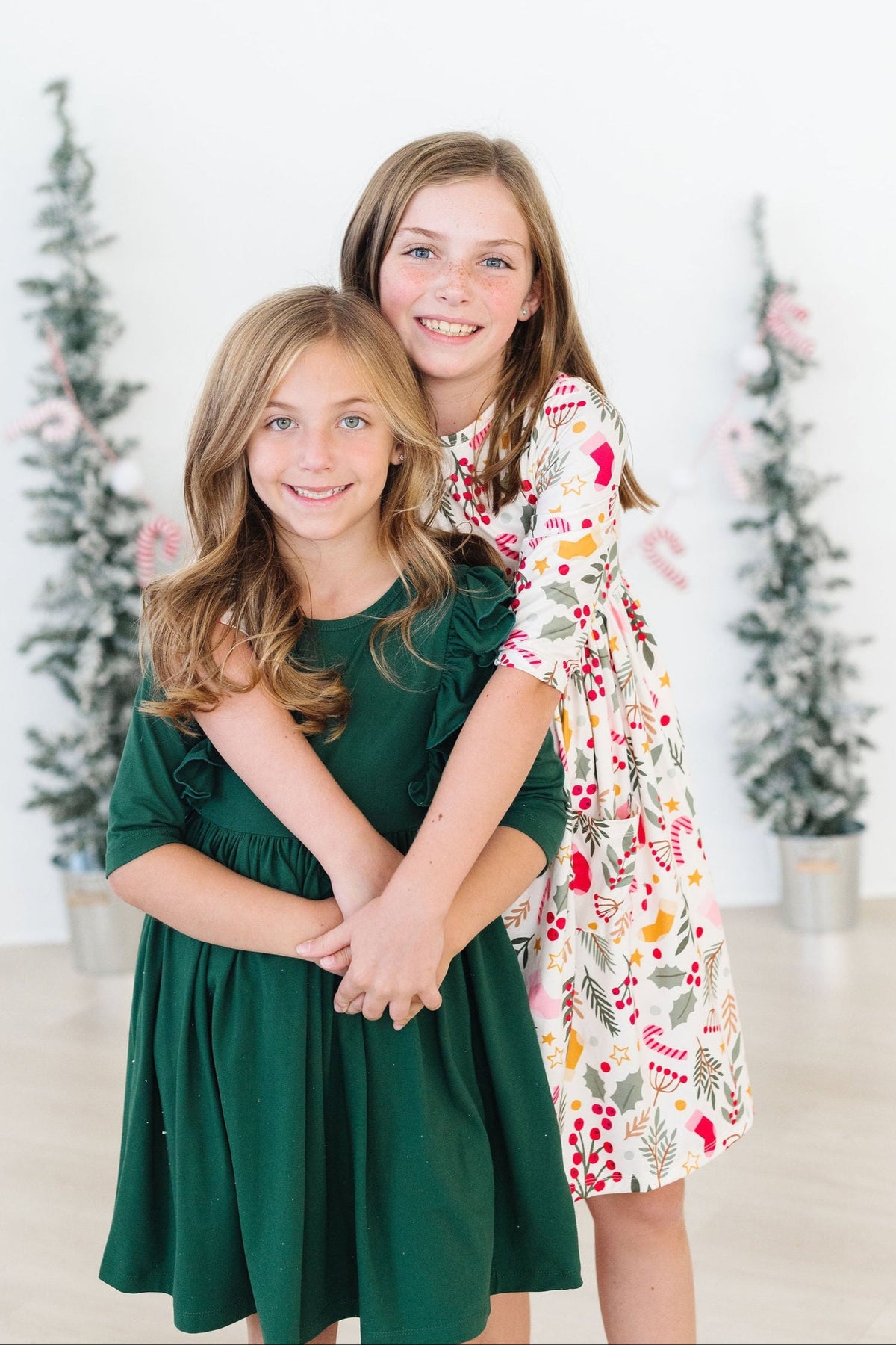 Girls’ patterned 3/4 sleeve twirl dress with gathered skirt and white base