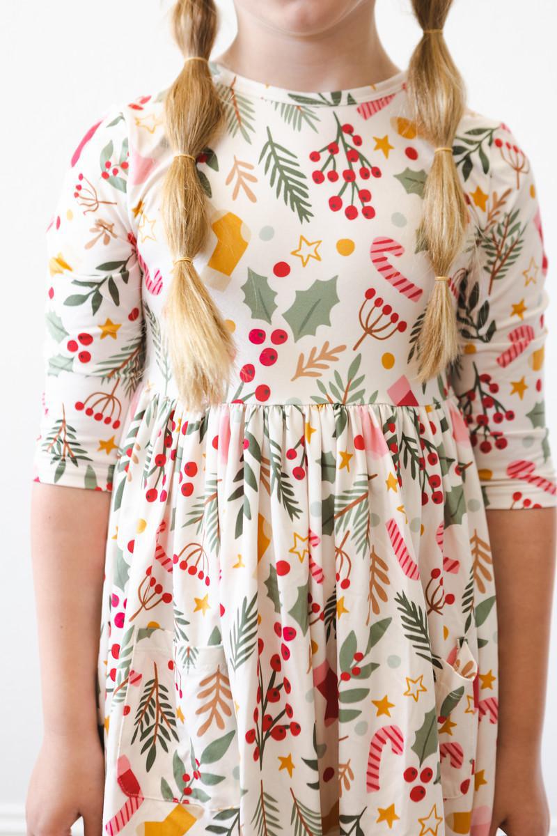 Girls’ holiday print 3/4 sleeve twirl dress with gathered waist and white base