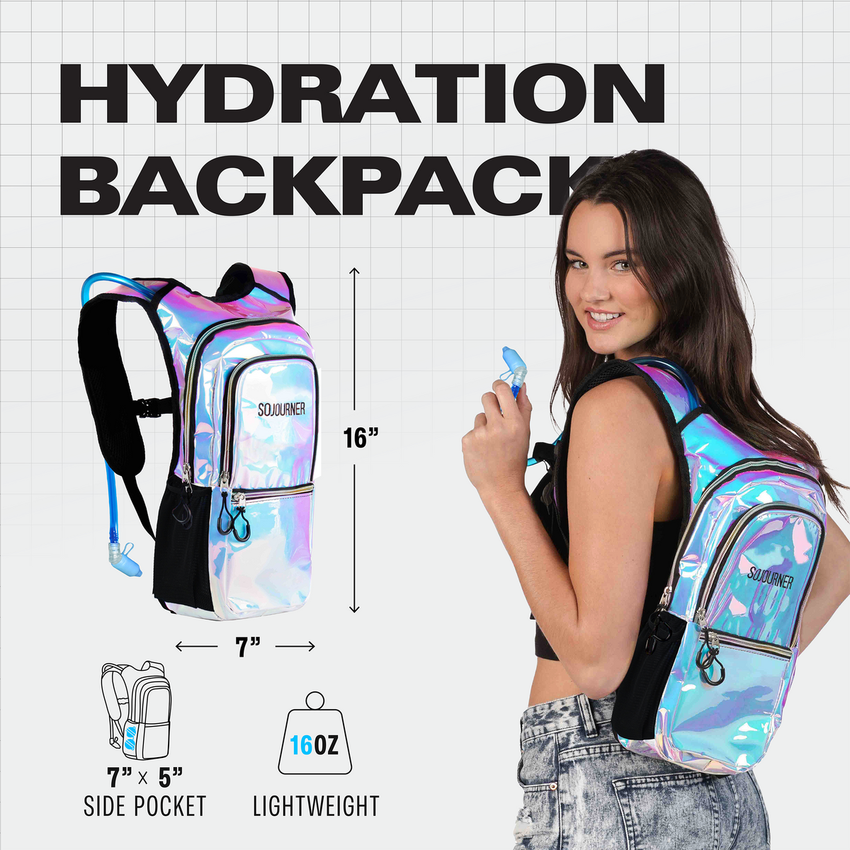 Medium holographic silver hydration pack backpack with black straps and front storage pockets