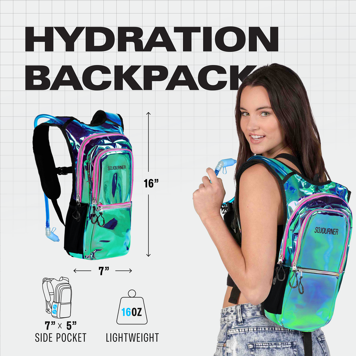 Iridescent holographic hydration backpack worn by a person, black straps and zip front pocket