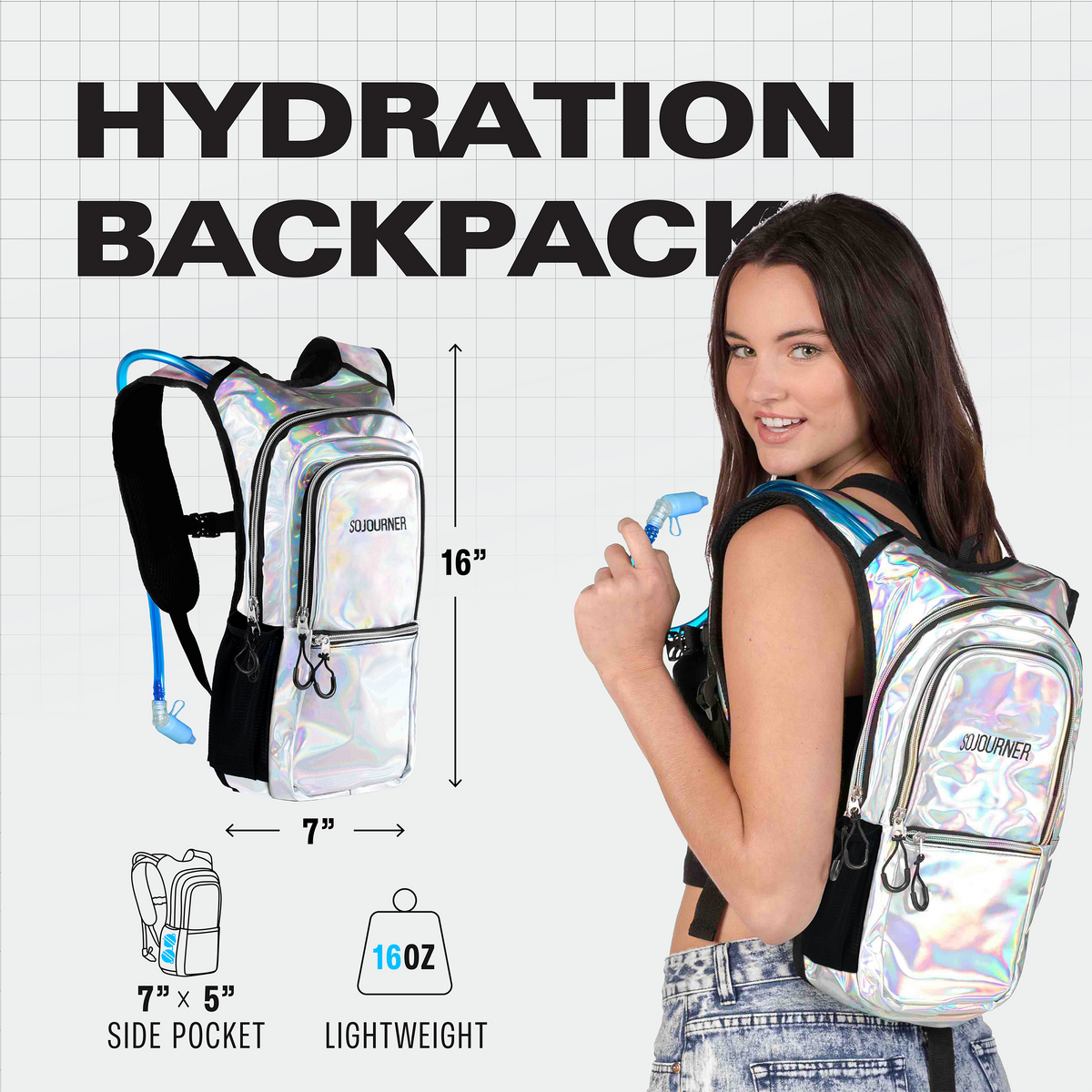 Medium holographic hydration pack backpack with side pocket and adjustable chest strap