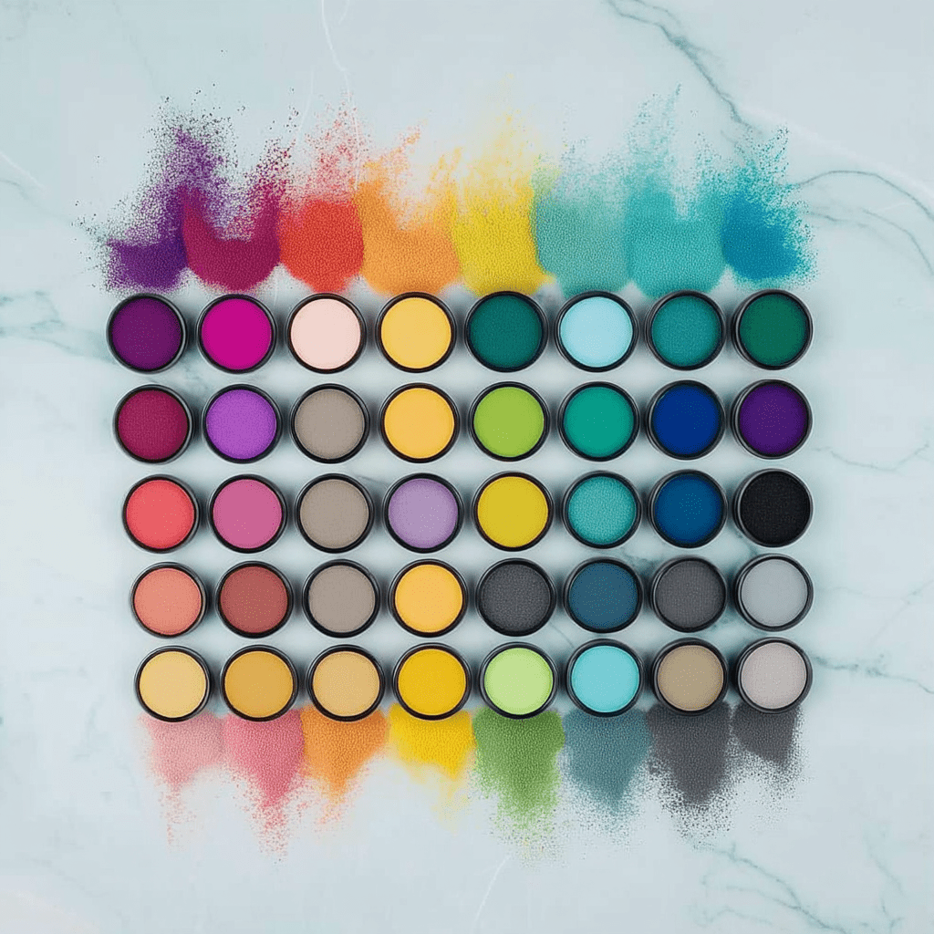 42-color chrome mirror powder set, assorted round jars with vibrant metallic pigments