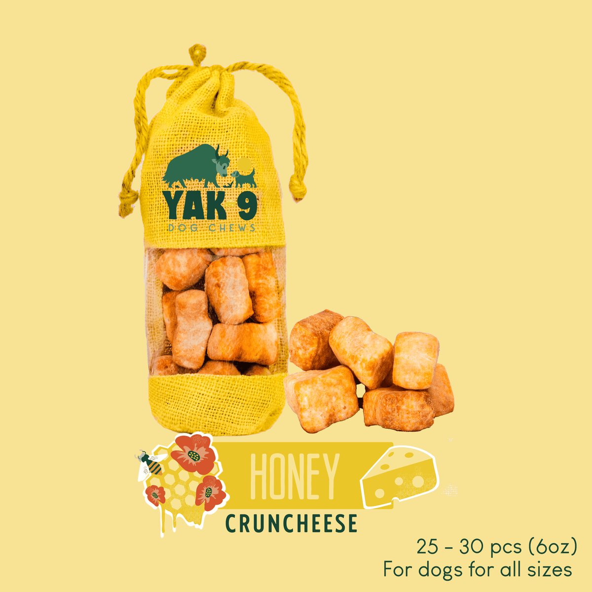Yak 9 dog chews pouch with crunchy bites, Honey flavor, cloth drawstring bag