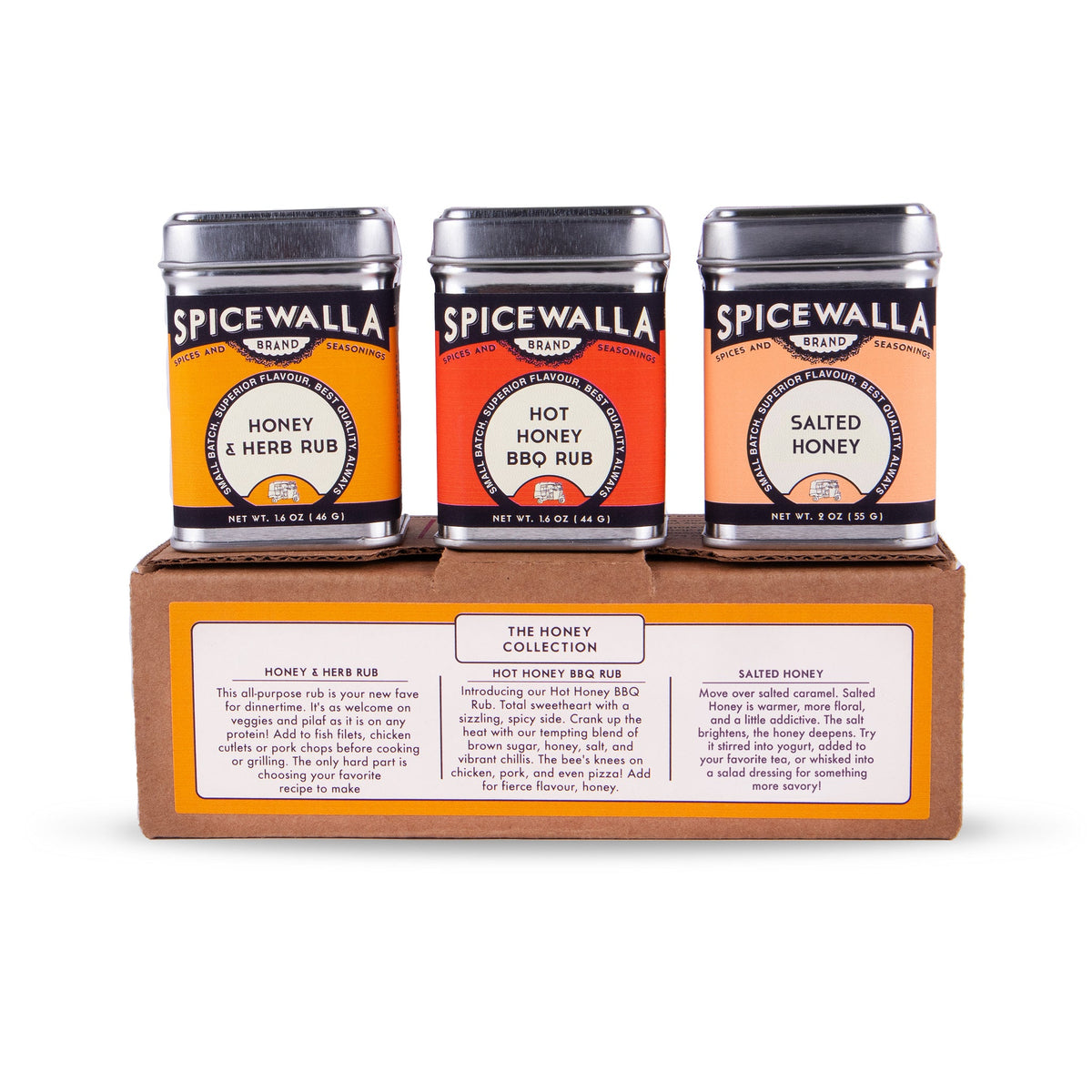 Three honey & herb rub spice tins with silver lids on a cardboard tray, Spicewalla