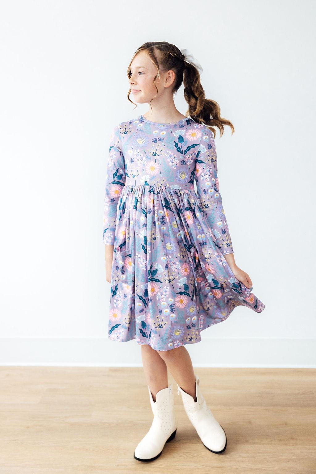 Girls long-sleeve purple floral twirl dress with gathered skirt
