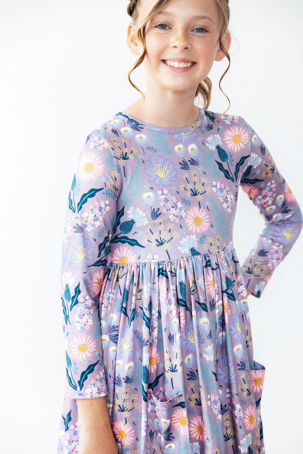 Girls long-sleeve floral twirl dress with round neckline and gathered waist