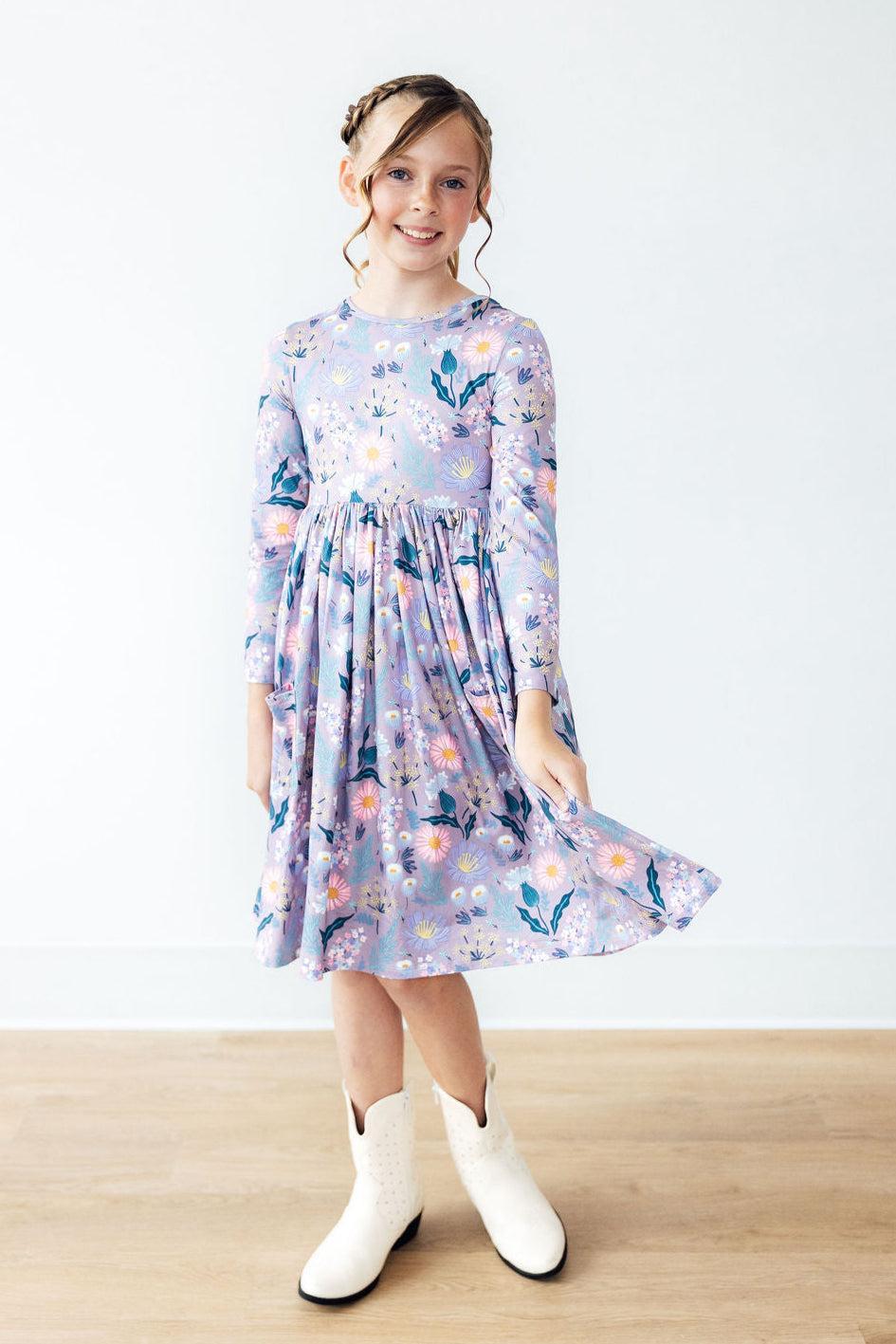 Girls long-sleeve floral twirl dress with full gathered skirt for twirling
