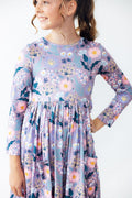 Girls long-sleeve floral twirl dress with gathered waist and round neckline