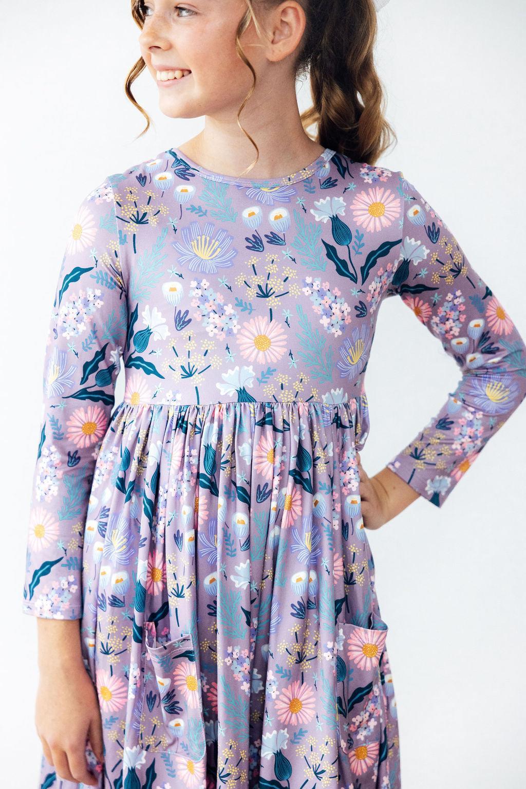 Girls long-sleeve floral twirl dress with gathered waist and round neckline