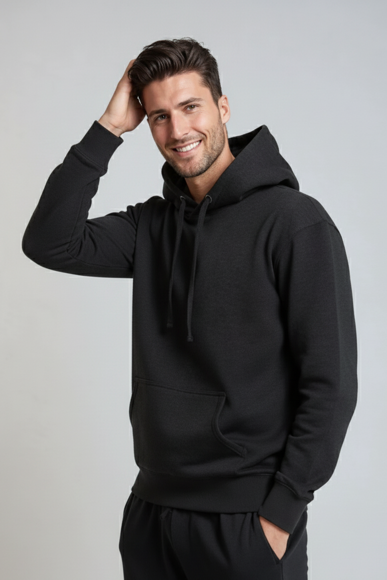 Charcoal heather midweight pullover hoodie with hood, drawstrings, and kangaroo pocket