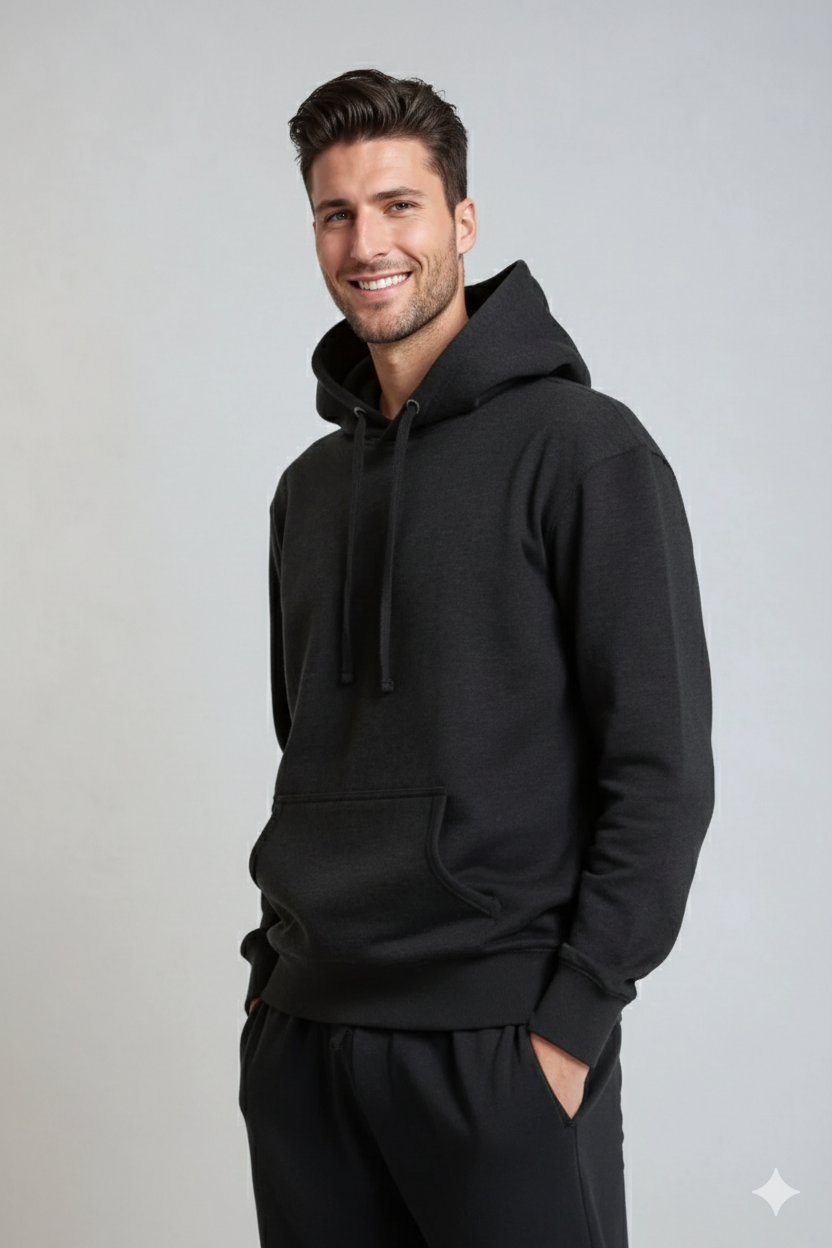 Charcoal heather midweight pullover hoodie with hood and kangaroo pocket, side front