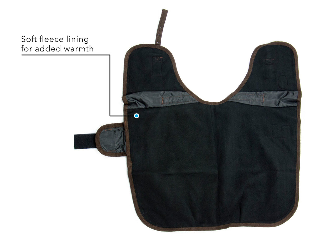 Dark brown dog winter coat with soft fleece lining and curved neck opening