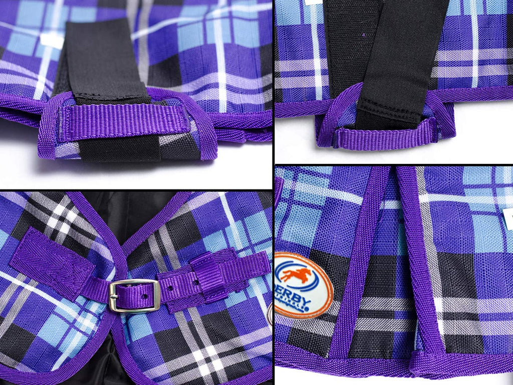 Purple plaid dog coat close-up of front straps and adjustable buckle details