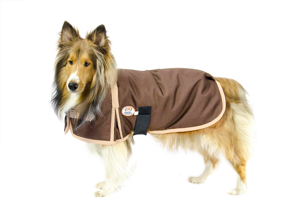 Chocolate brown dog winter coat with front closure and logo patch