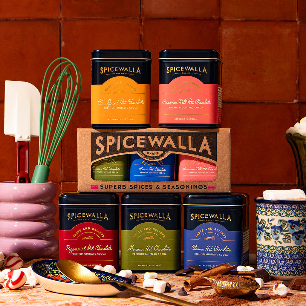 Spicewalla Peppermint Hot Chocolate Deluxe tin display with multiple labeled canisters