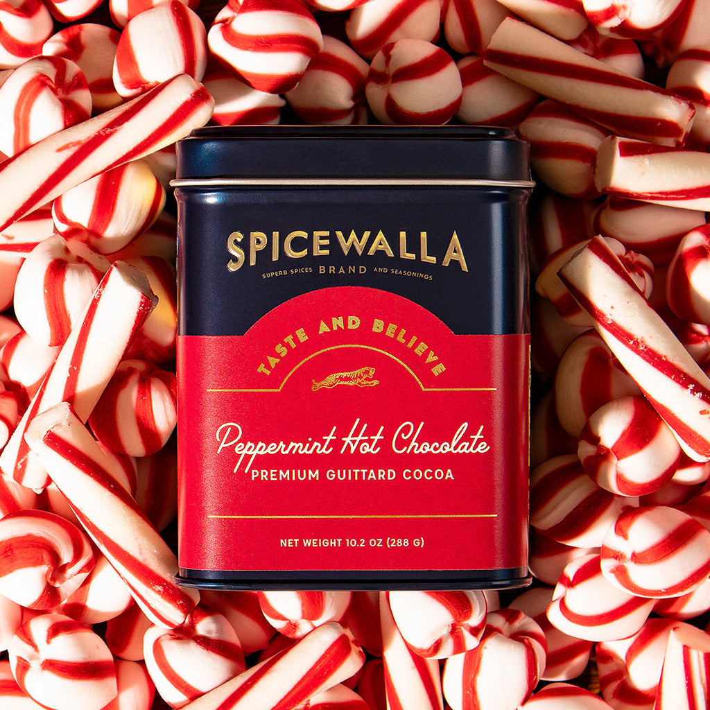 Spicewalla Peppermint Hot Chocolate Deluxe tin, dark blue and red label, 10.02 oz