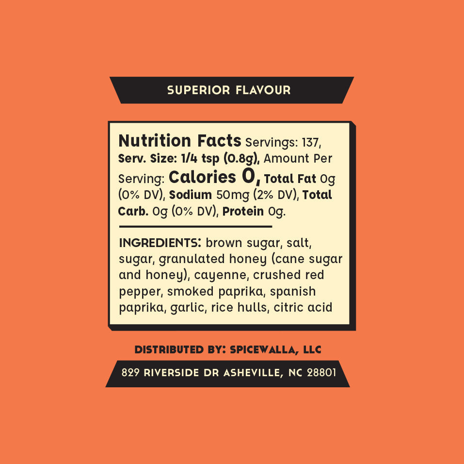 Spicewalla Hot Honey BBQ Rub tin back with nutrition facts and ingredients panel.