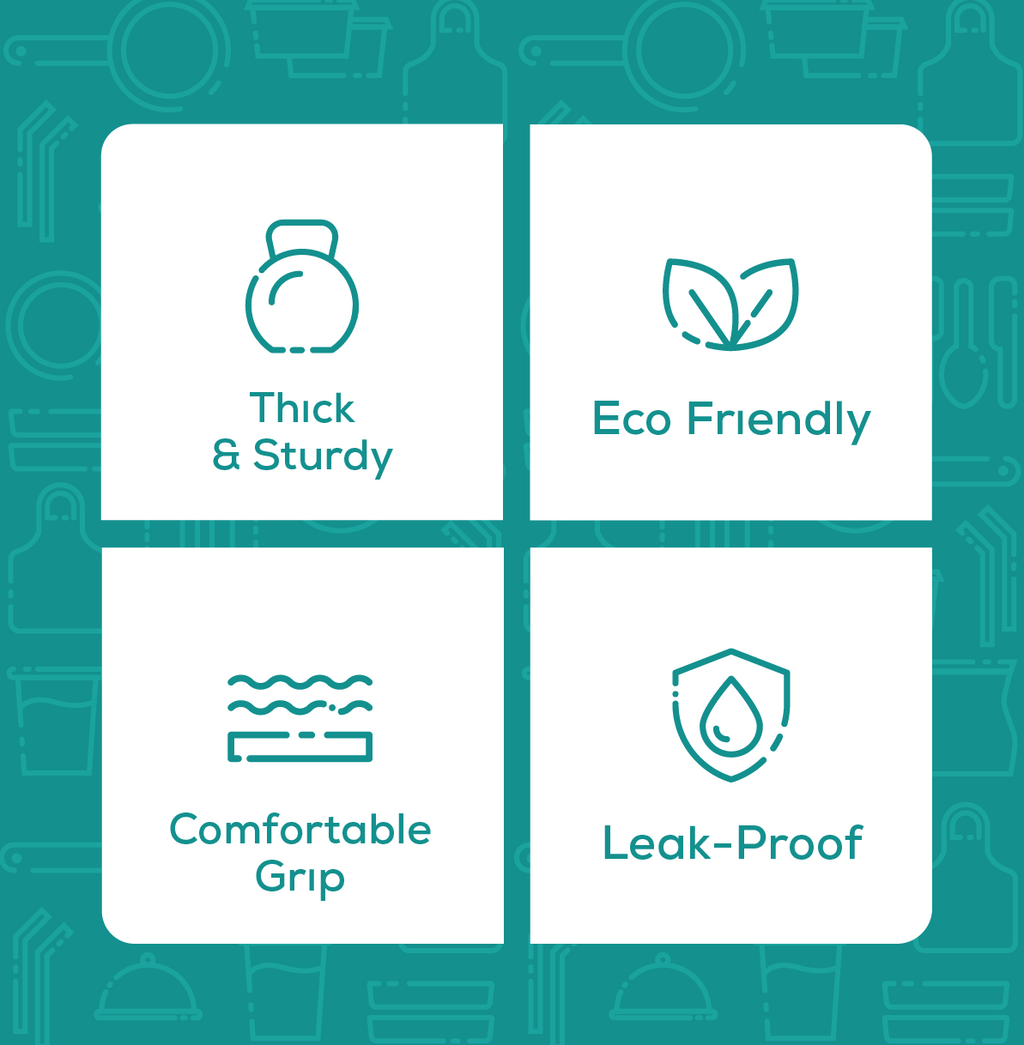 Feature icons for thick, sturdy, comfortable-grip, leak-proof eco-friendly coffee cups