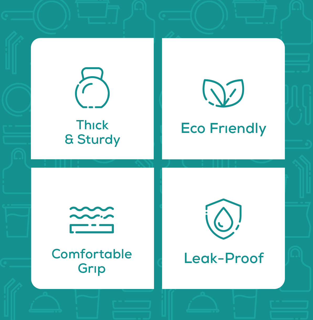 Feature icons for thick, sturdy, comfortable-grip, leak-proof eco-friendly coffee cups