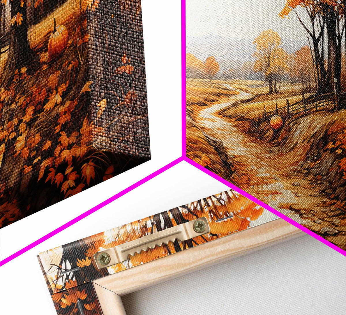 Canvas print corner close-up showing autumn trees, orange leaves, and hanging hardware