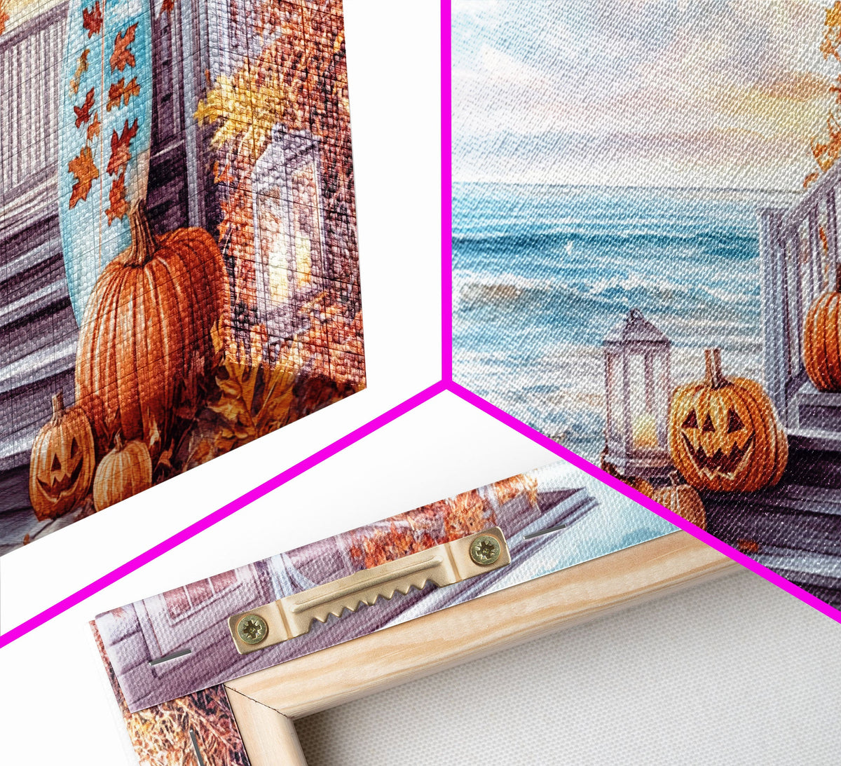 Corner view of autumn beach porch canvas print with pumpkins and ocean horizon.