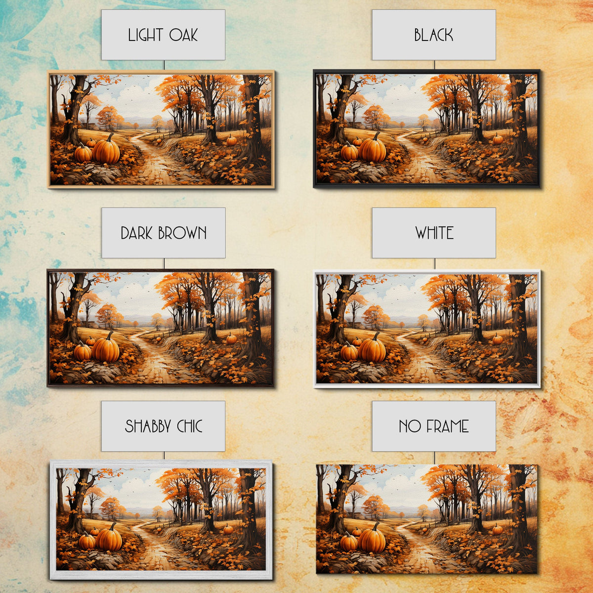 Set of fall pumpkin canvas wall art options with different frame colors and a no-frame view